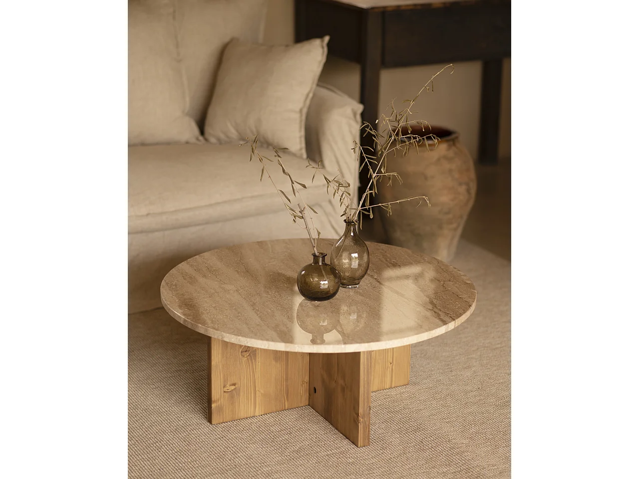 Mesa de centro redonda de mármol daino reale y patas de madera maciza DECOWOOD de Ø60x40cm - TOSCANA - DECOWOOD