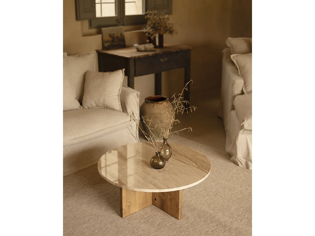 Mesa de centro redonda de mármol daino reale y patas de madera maciza DECOWOOD de Ø60x40cm - TOSCANA - DECOWOOD