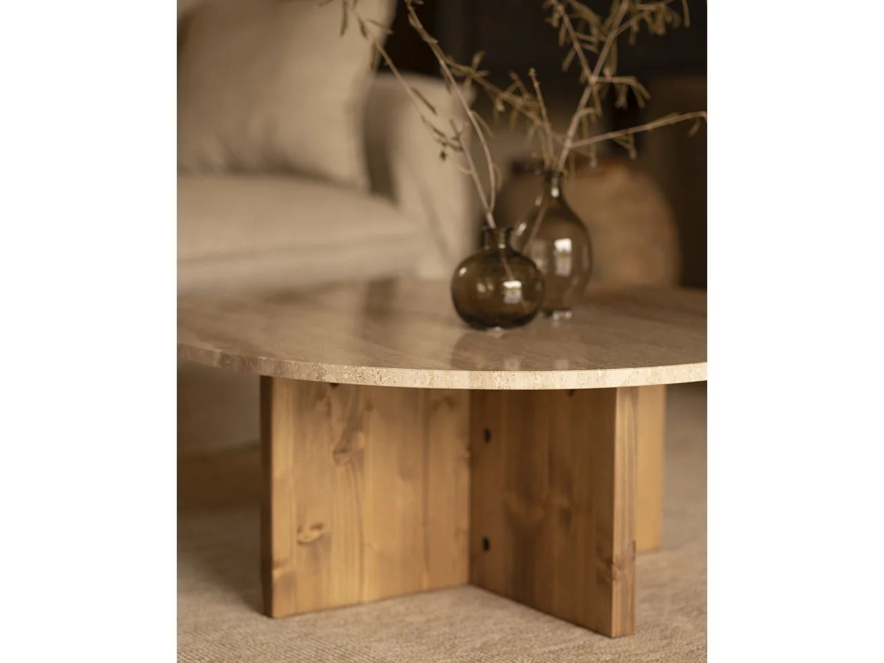 Mesa de centro redonda de mármol daino reale y patas de madera maciza DECOWOOD de Ø60x40cm - TOSCANA - DECOWOOD