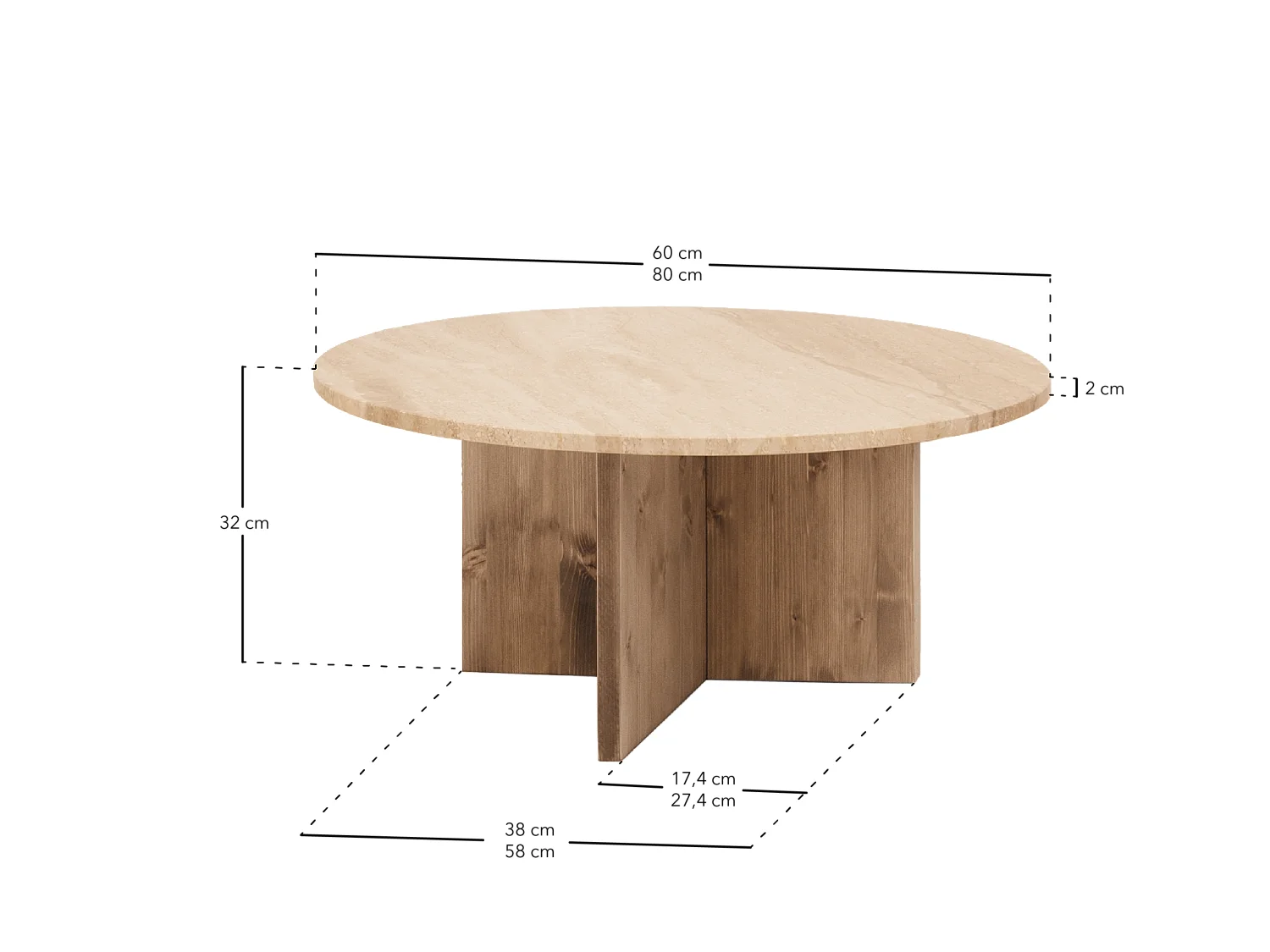 Mesa de centro redonda de mármol daino reale y patas de madera maciza DECOWOOD de Ø60x40cm - TOSCANA - DECOWOOD
