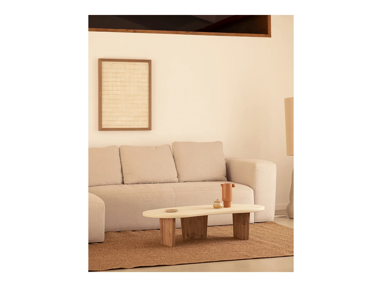 Table basse en microciment avec pieds en bois vieilli 120x30cm - BIMBA - DECOWOOD