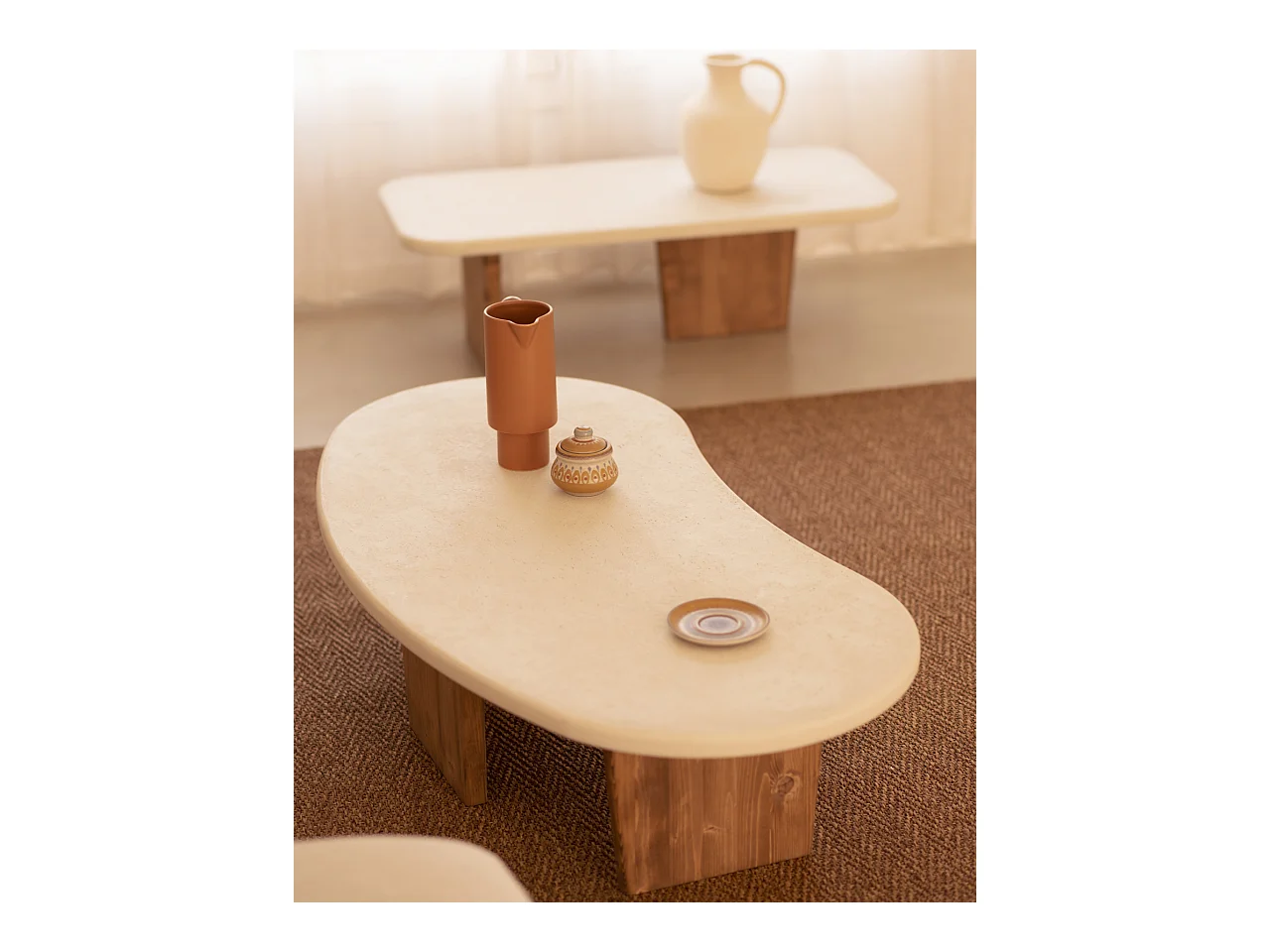 Table basse en microciment avec pieds en bois vieilli 120x30cm - BIMBA - DECOWOOD