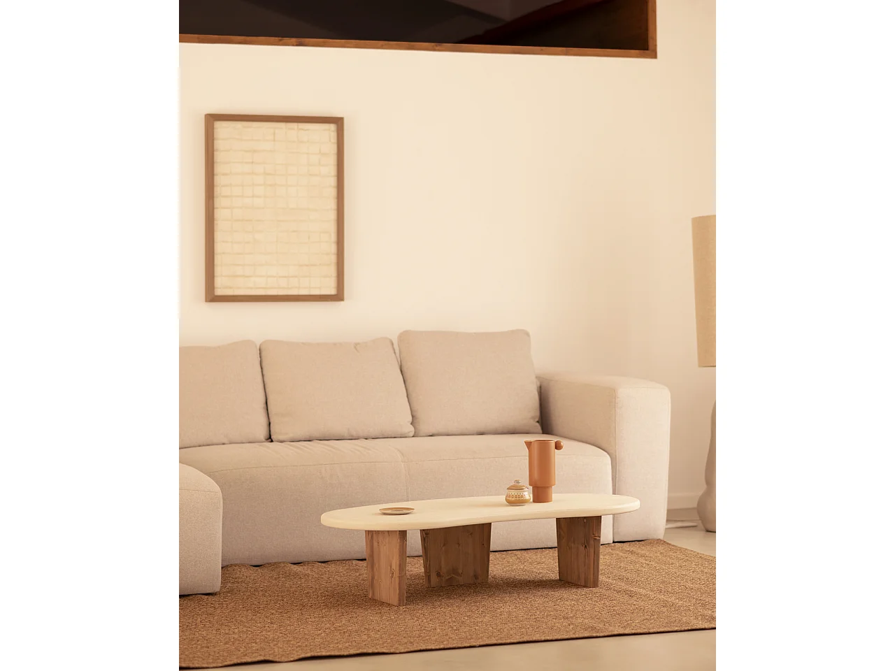 Table basse en microciment avec pieds en bois vieilli 120x30cm - BIMBA - DECOWOOD