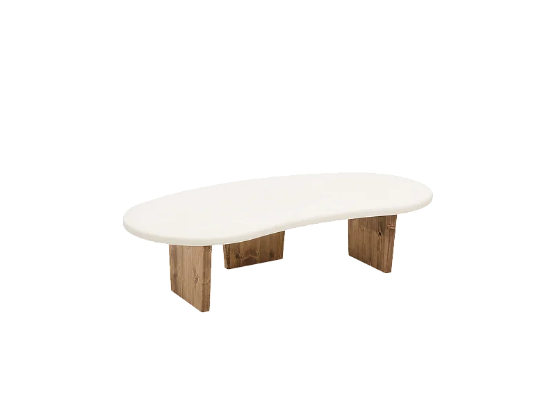 Mesa de centro de forma orgánica de microcemento Decowood con tres patas en color roble oscuro y sobre de mesa blanco roto y de 120cm - BIMBA - DECOWOOD