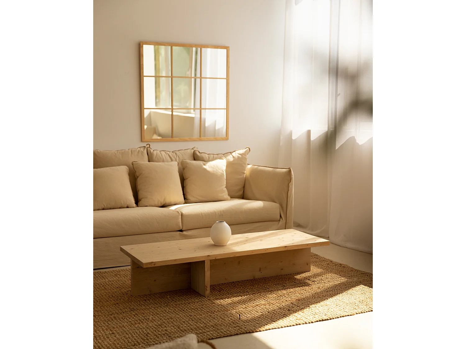 Tavolo basso rettangolare in legno massello tono marrone chiaro 123,5x27cm - SAM - DECOWOOD