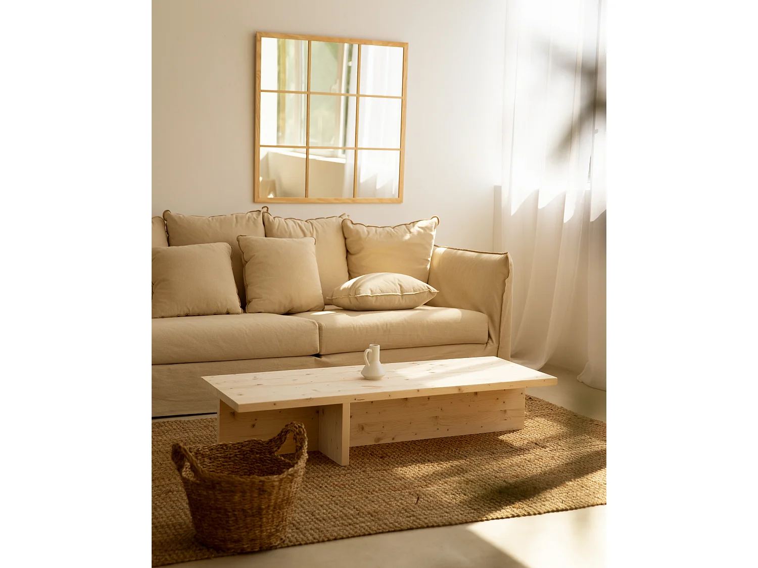 Mesa de centro rectangular de madera de abeto en color natural 123,5x27cm - SAM - DECOWOOD