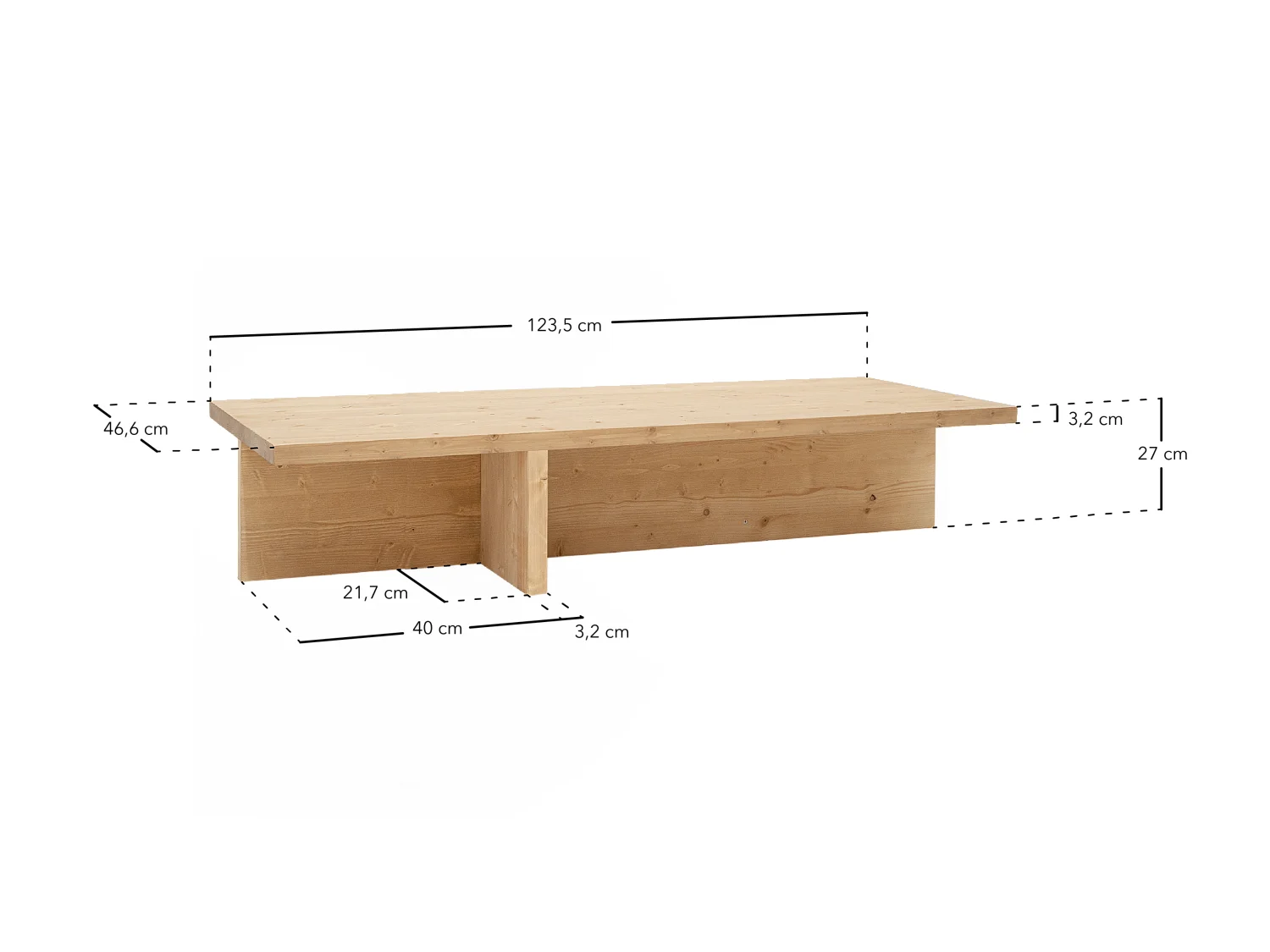 Mesa de centro rectangular de madera de abeto en color natural 123,5x27cm - SAM - DECOWOOD