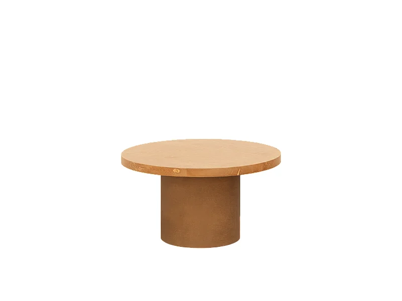 Mesa de centro redonda de madera maciza tono roble medio y pata de microcemento tono terracota DECOWOOD de Ø60x30cm - LUCÍA - DECOWOOD