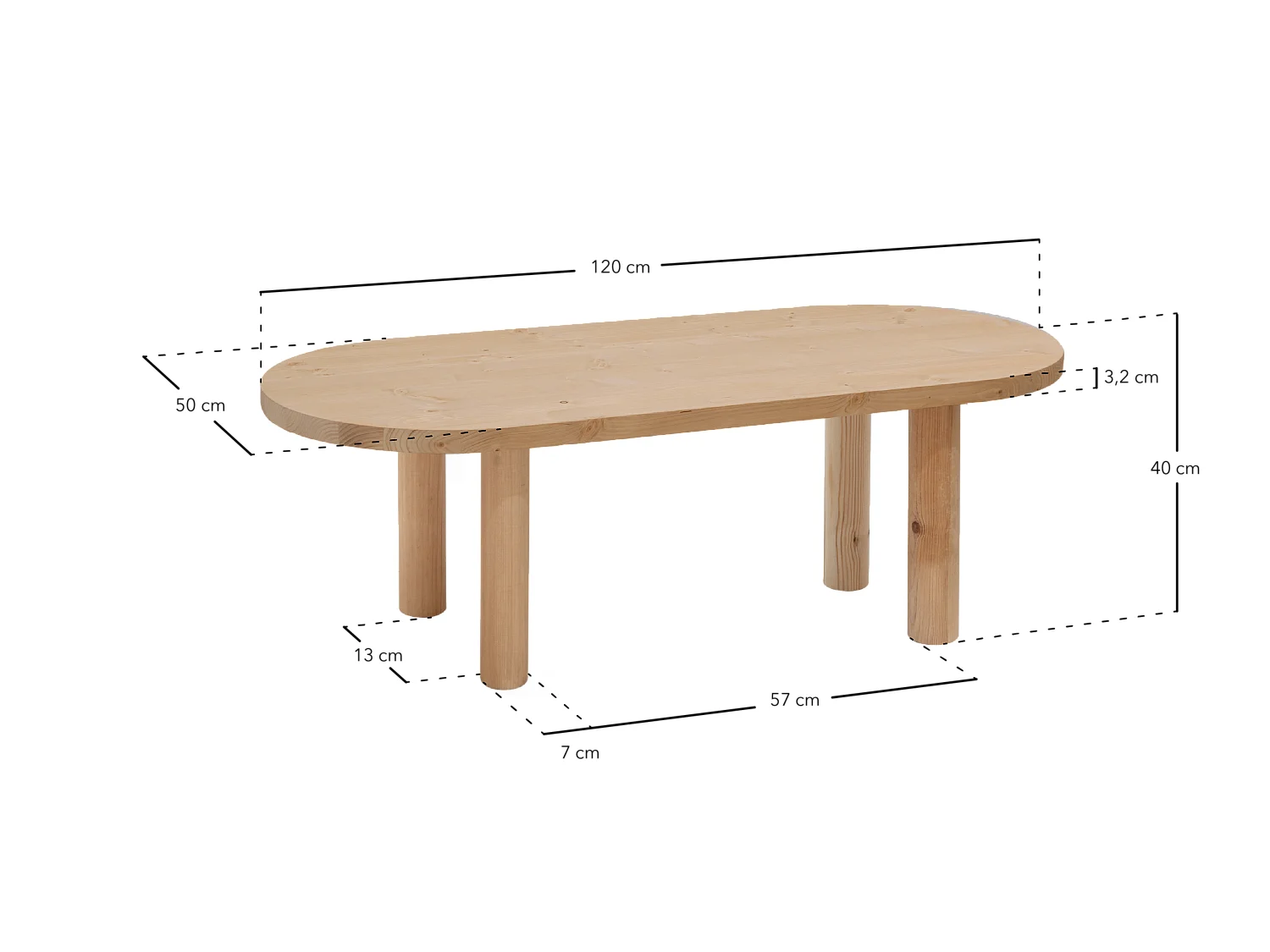 Mesa de centro ovalada de madera maciza Decowood con cuatro patas en color natural de 120x40cm - GINA - DECOWOOD