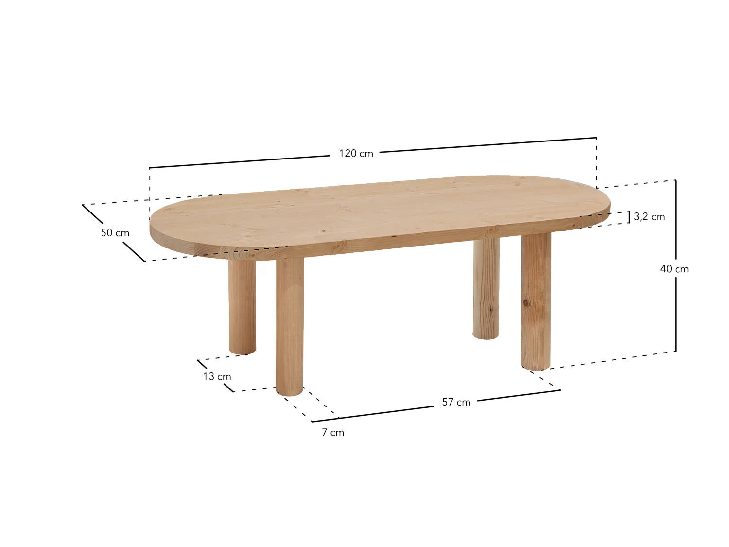 Mesa de centro ovalada de madera maciza Decowood con cuatro patas en color natural de 120x40cm - GINA - DECOWOOD