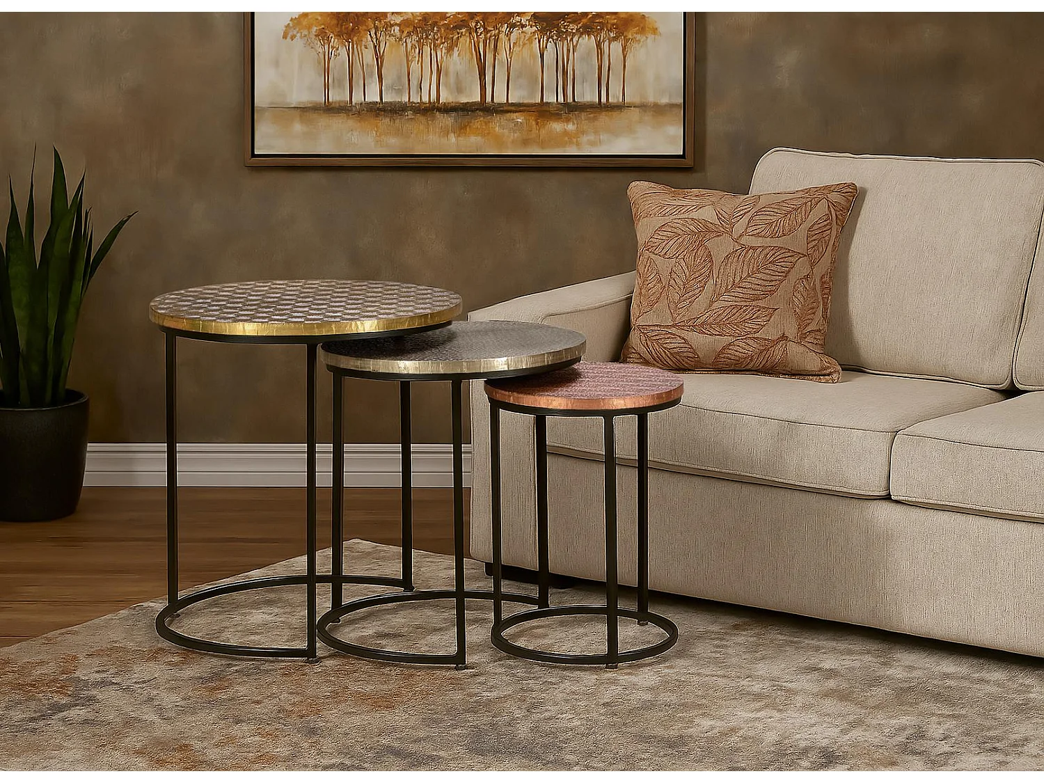 Set de 3 mesas de café tapa de bronce