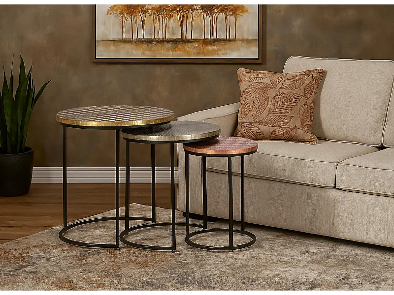 Ensemble de 3 tables basses plateau bronze