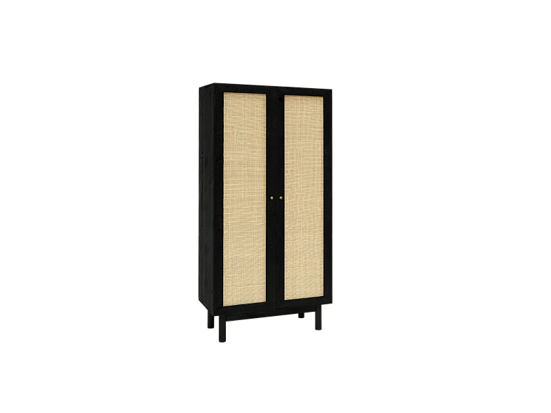 Armoire en bois de sapin et tressage de rotin noir 180x80cm - FRIDA - DECOWOOD