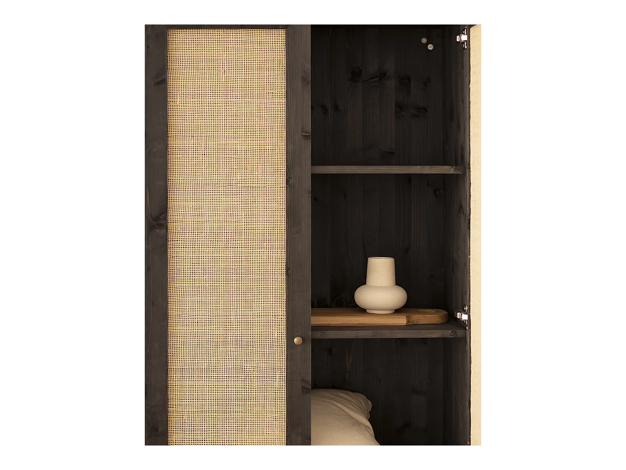 Armoire en bois de sapin et tressage de rotin noir 180x80cm - FRIDA - DECOWOOD