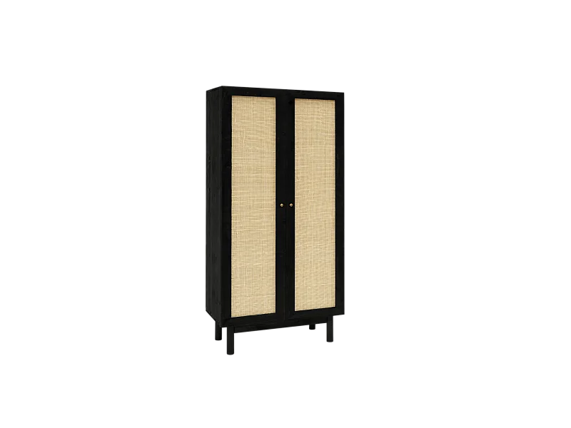 Armoire en bois de sapin et tressage de rotin noir 180x80cm - FRIDA - DECOWOOD