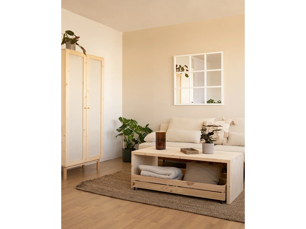 Armoire en bois de sapin et toile de lin naturel 180x80cm - LINEN - DECOWOOD