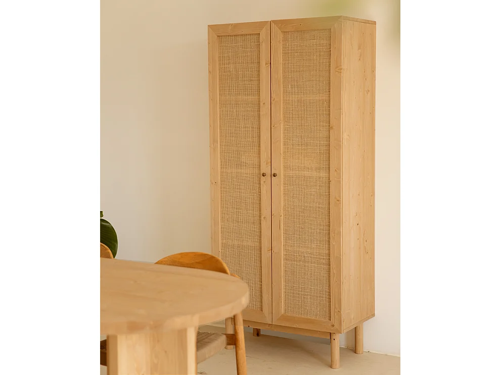 Armoire en bois de sapin et tressage de rotin marron 180x80cm - FRIDA - DECOWOOD