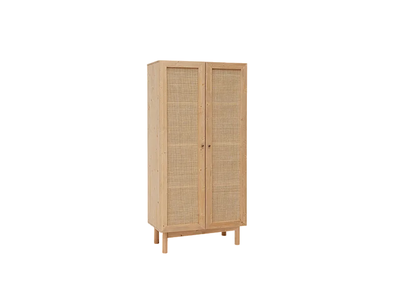 Armoire en bois de sapin et tressage de rotin marron 180x80cm - FRIDA - DECOWOOD