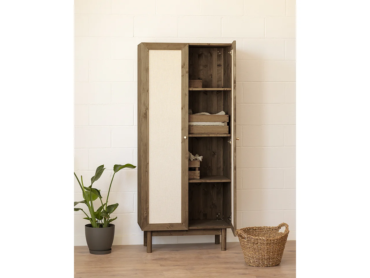 Armoire en bois de sapin et toile de lin marron 180x80cm - LINEN - DECOWOOD