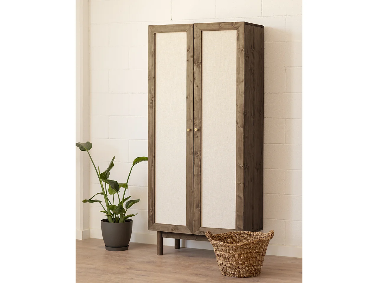 Armoire en bois de sapin et toile de lin marron 180x80cm - LINEN - DECOWOOD
