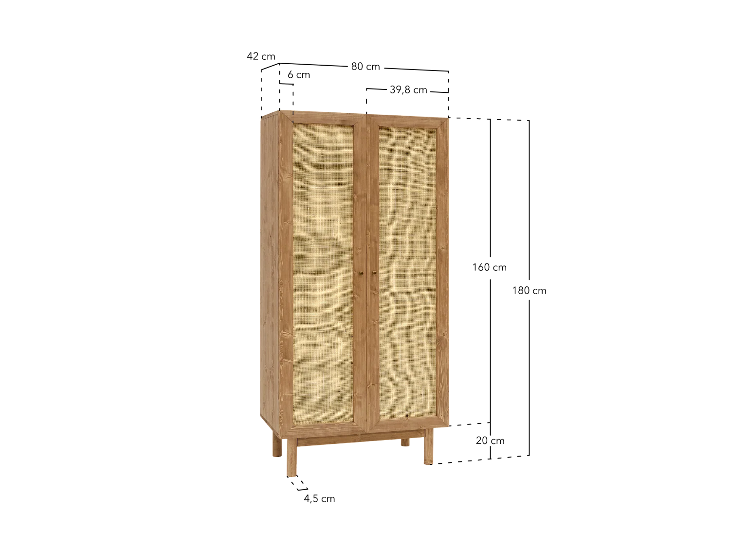 Armoire en bois de sapin et tressage de rotin 180x80cm - FRIDA - DECOWOOD