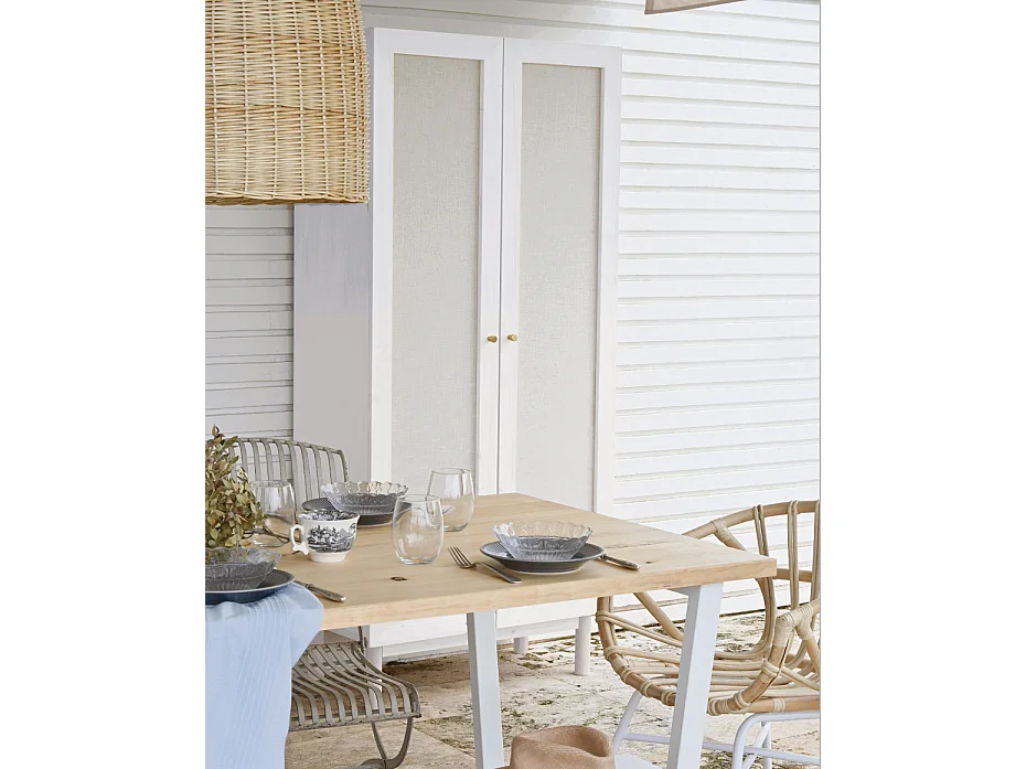 Armoire en bois de sapin et toile de lin blanc 180x80cm - LINEN - DECOWOOD