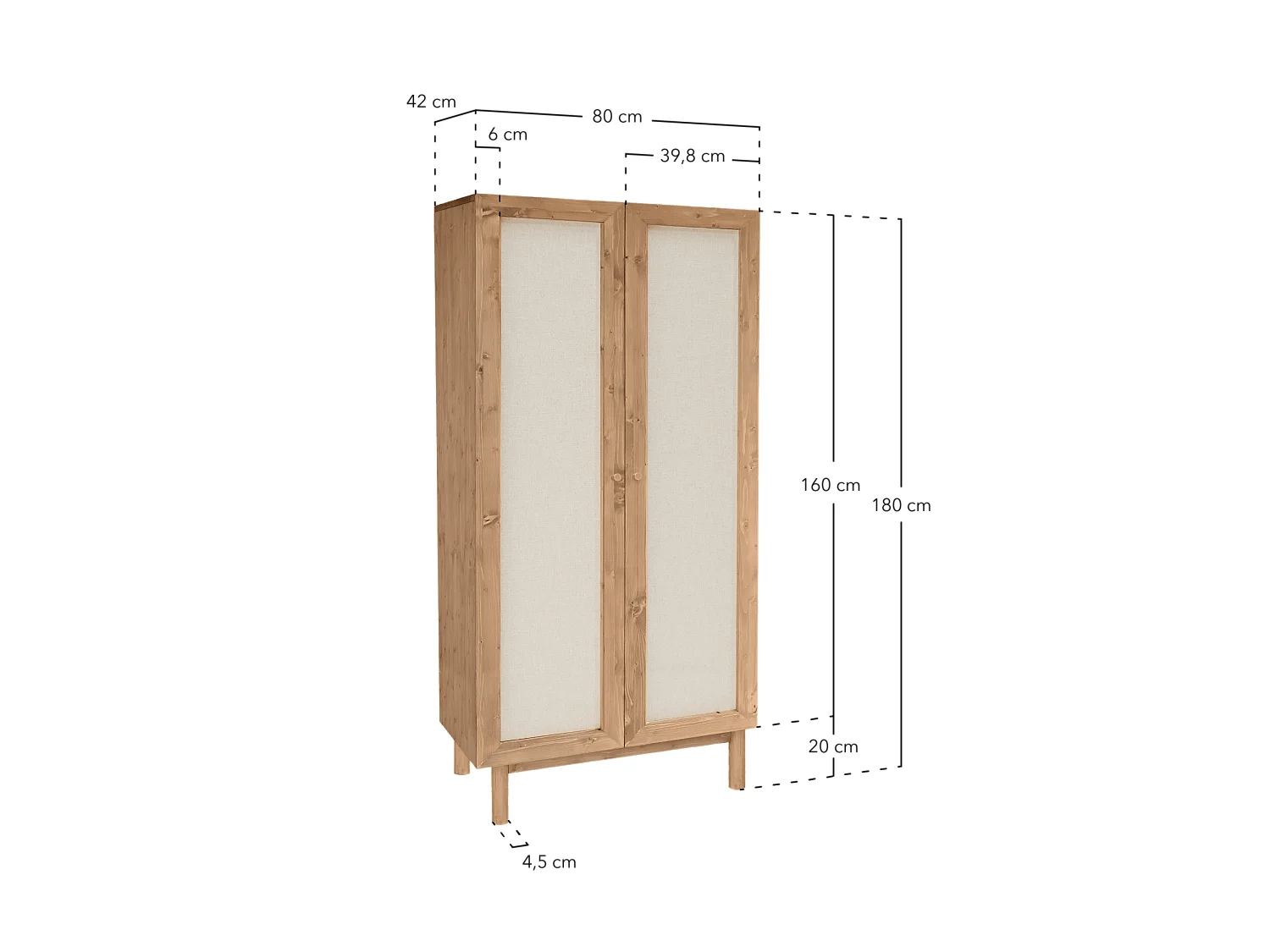Armoire en bois de sapin et toile de lin blanc 180x80cm - LINEN - DECOWOOD