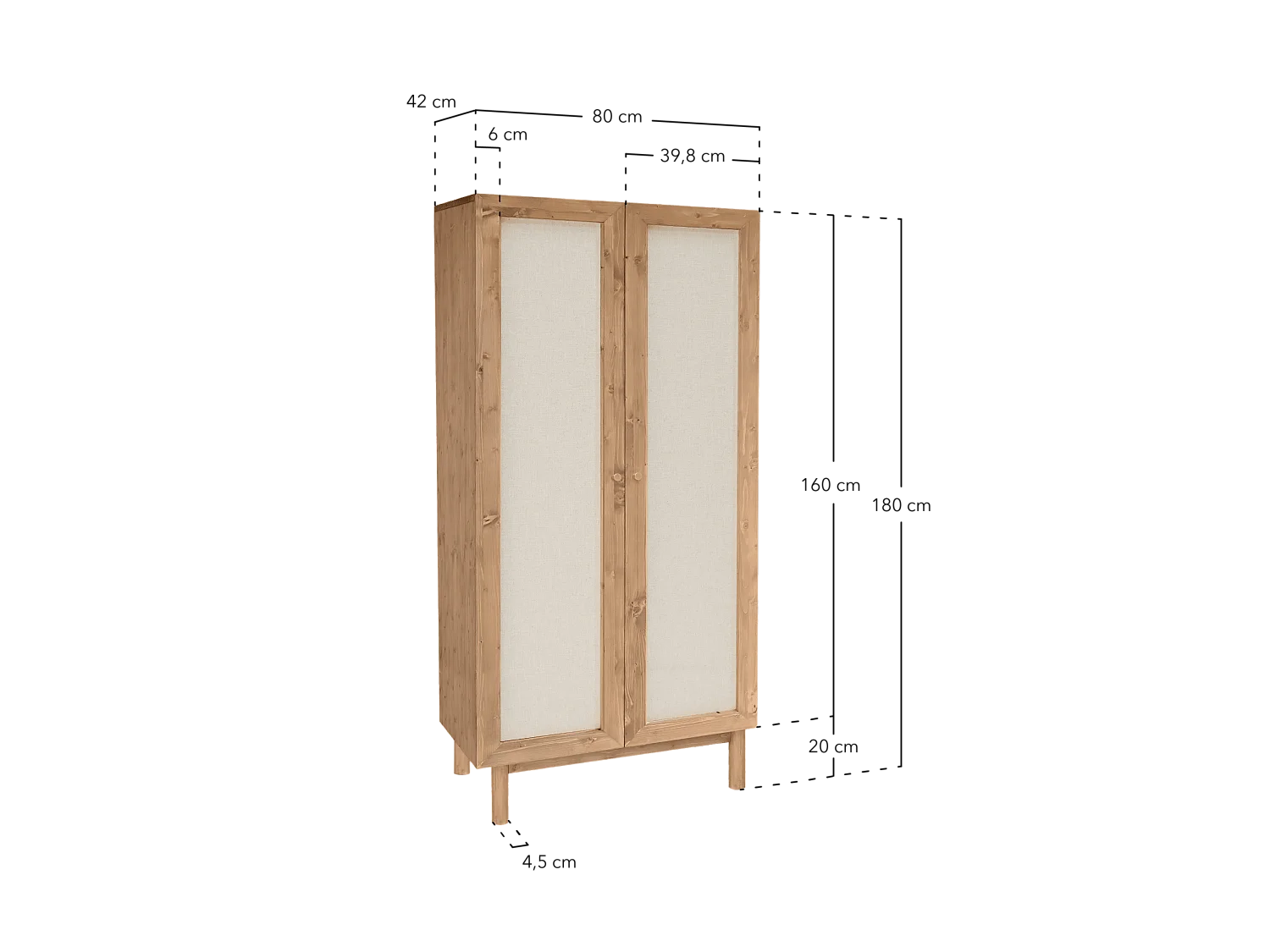 Armoire en bois de sapin et toile de lin blanc 180x80cm - LINEN - DECOWOOD