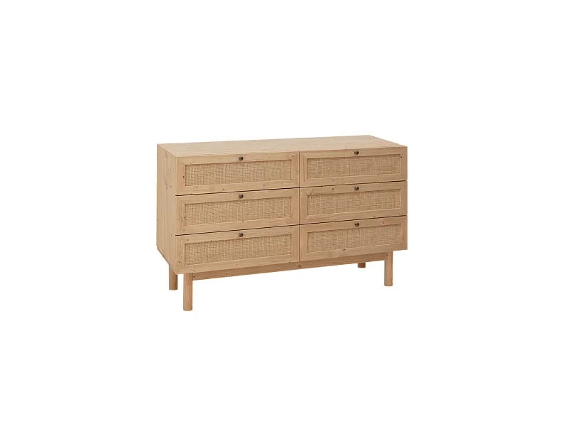 Cómoda de madera maciza y rafia 6 cajones en tono roble medio 120x76cm - FRIDA - DECOWOOD