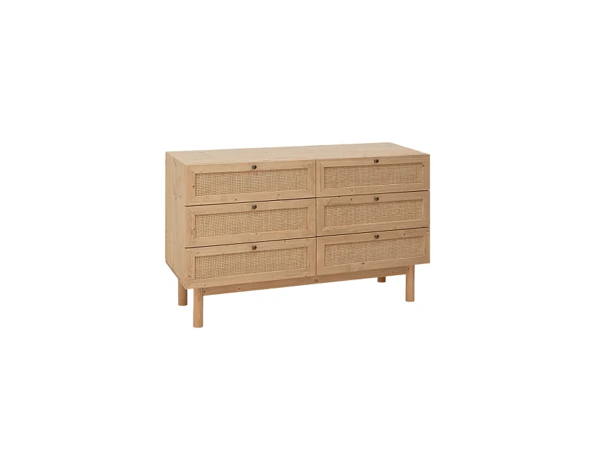 Cómoda de madera maciza y rafia 6 cajones en tono roble medio 120x76cm - FRIDA - DECOWOOD