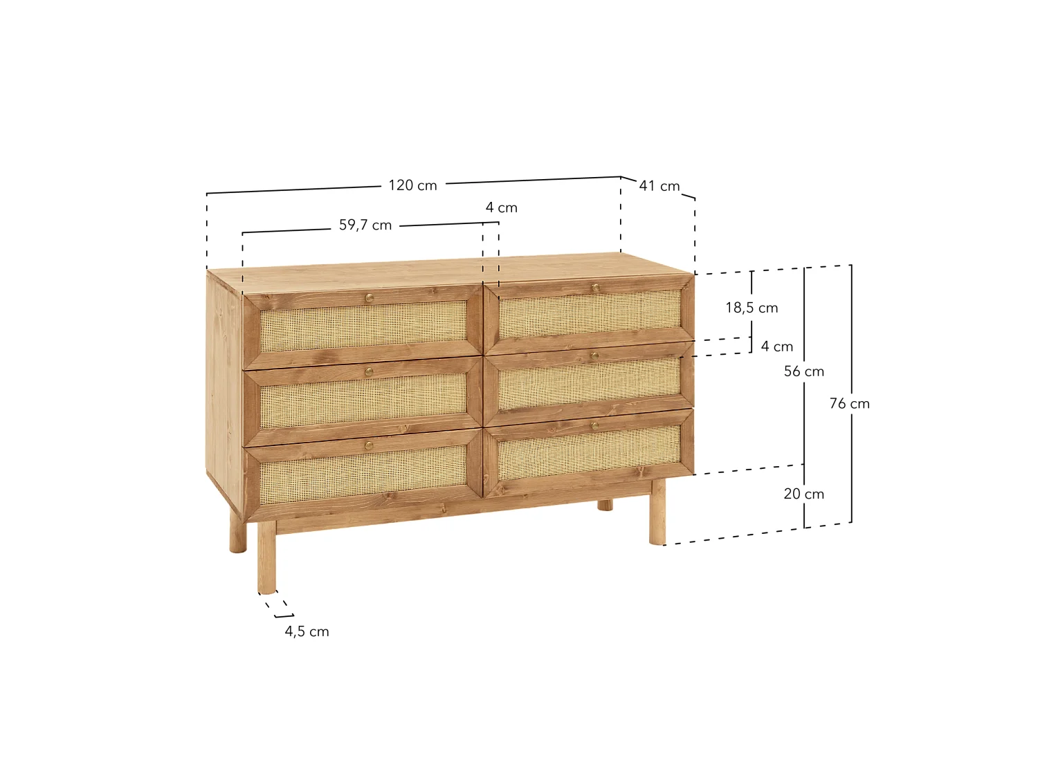 Cómoda de madera maciza y rafia 6 cajones en tono roble medio 120x76cm - FRIDA - DECOWOOD