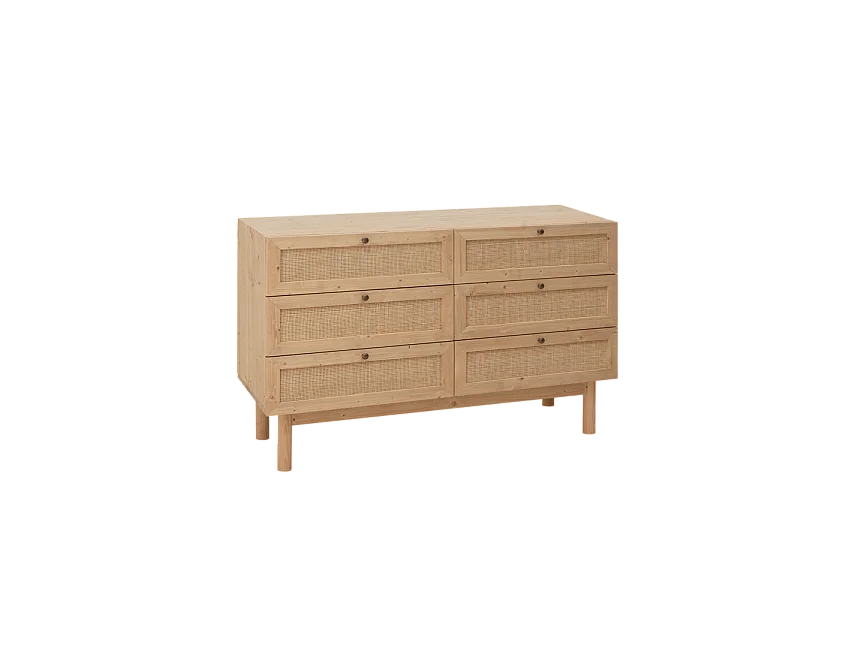 Cómoda de madera maciza y rafia 6 cajones en tono roble medio 120x76cm - FRIDA - DECOWOOD
