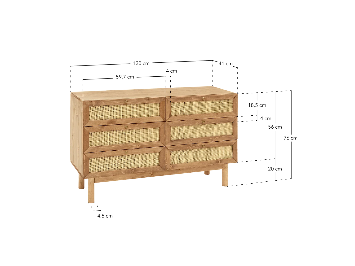 Cómoda de madera maciza y rafia 6 cajones en tono roble medio 120x76cm - FRIDA - DECOWOOD