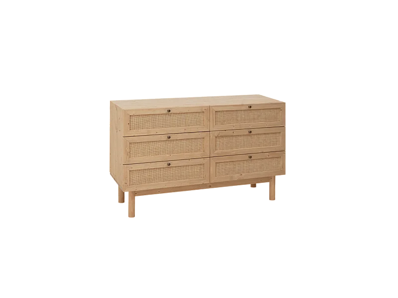 Cómoda de madera maciza y rafia 6 cajones en tono roble medio 120x76cm - FRIDA - DECOWOOD