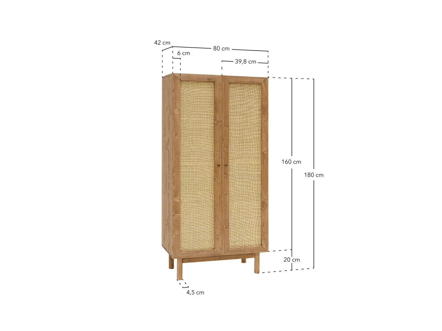 Armoire en bois de sapin et tressage de rotin blanc 180x80cm - FRIDA - DECOWOOD
