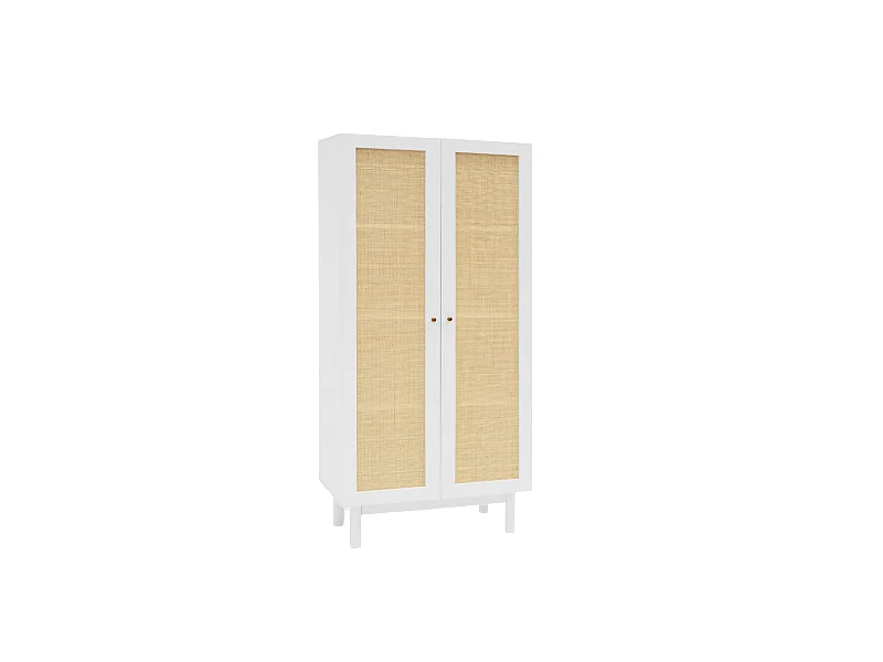 Armoire en bois de sapin et tressage de rotin blanc 180x80cm - FRIDA - DECOWOOD