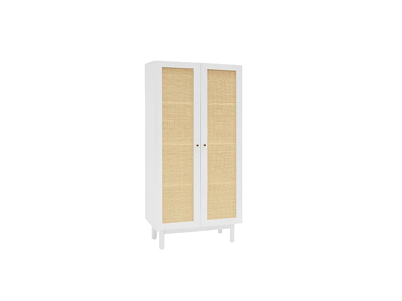 Armoire en bois de sapin et tressage de rotin blanc 180x80cm - FRIDA - DECOWOOD