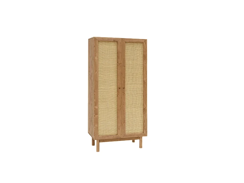 Armoire en bois de sapin et tressage de rotin naturel 180x80x40cm - FRIDA - DECOWOOD