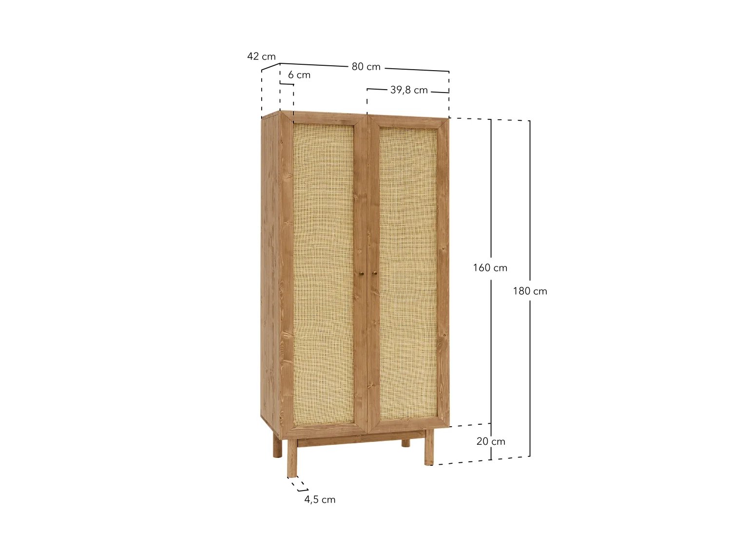 Armoire en bois de sapin et tressage de rotin naturel 180x80x40cm - FRIDA - DECOWOOD