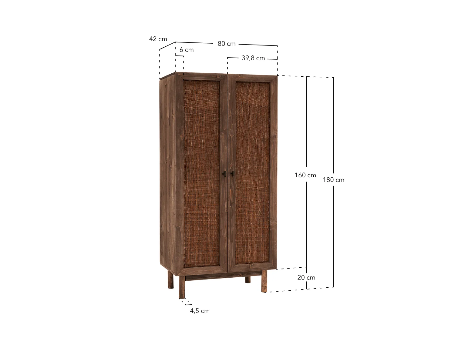 Armoire en bois de sapin et raphia ton marron 180x80cm - OLIVIA - DECOWOOD