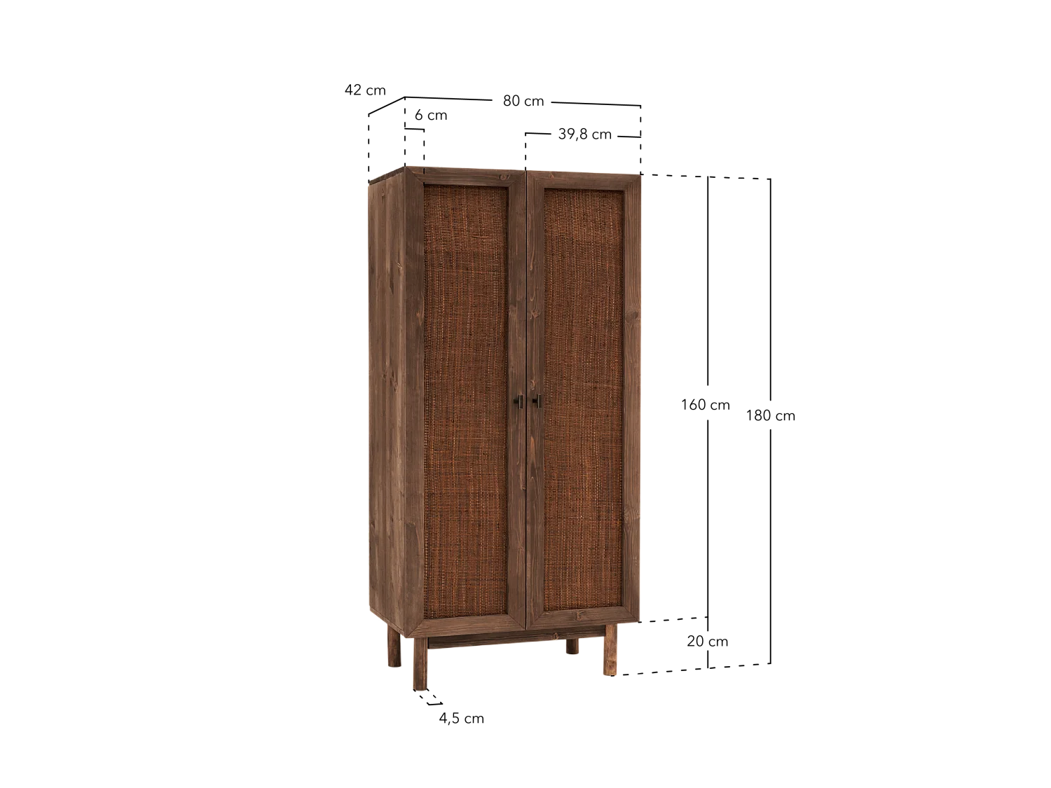 Armoire en bois de sapin et raphia ton marron 180x80cm - OLIVIA - DECOWOOD
