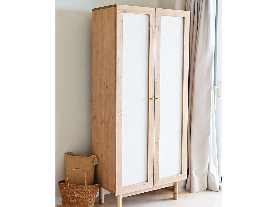 Armoire en bois de sapin et toile de lin vieilli 180x80cm - LINEN - DECOWOOD