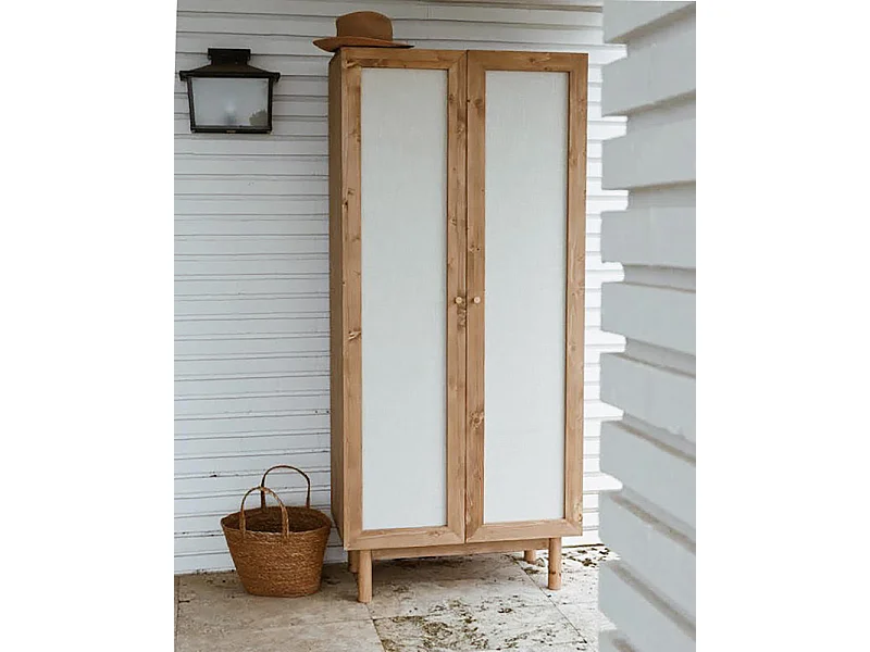 Armoire en bois de sapin et toile de lin vieilli 180x80cm - LINEN - DECOWOOD