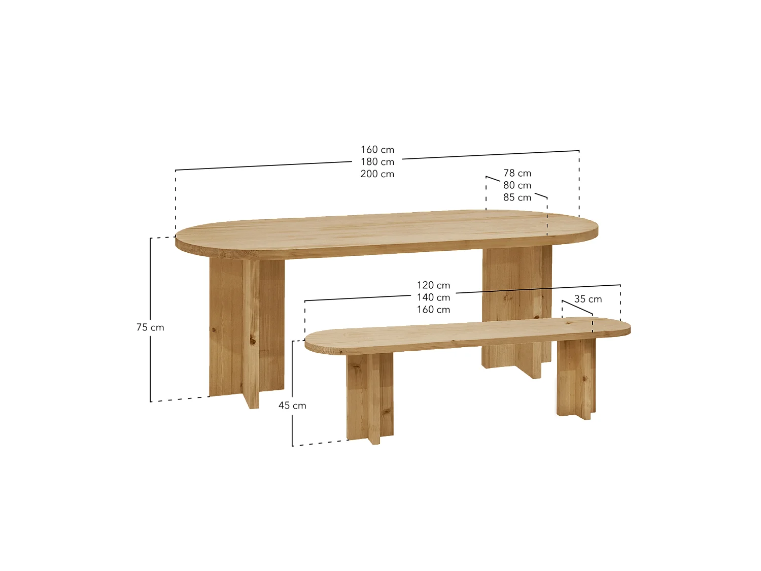 Pack de mesa de comedor de 200x85cm y banco de 160x45cm de madera maciza de abeto Decowood en tono natural - TOKYO - DECOWOOD