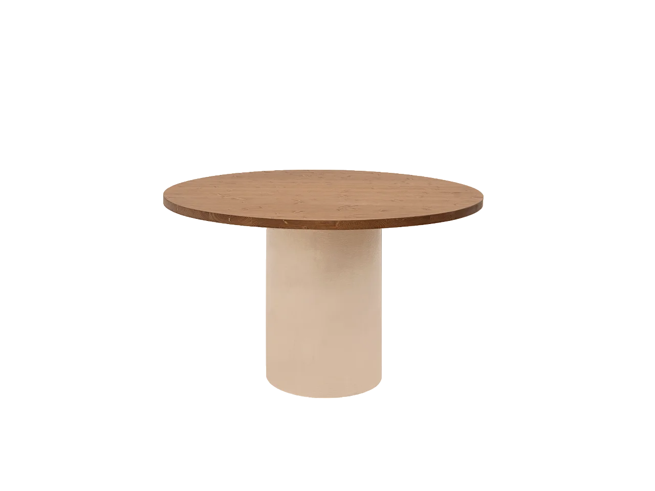 Mesa de comedor redonda de madera maciza tono roble oscuro y patas de microcemento en tono tierra DECOWOOD de Ø120x75cm - LUCÍA - DECOWOOD