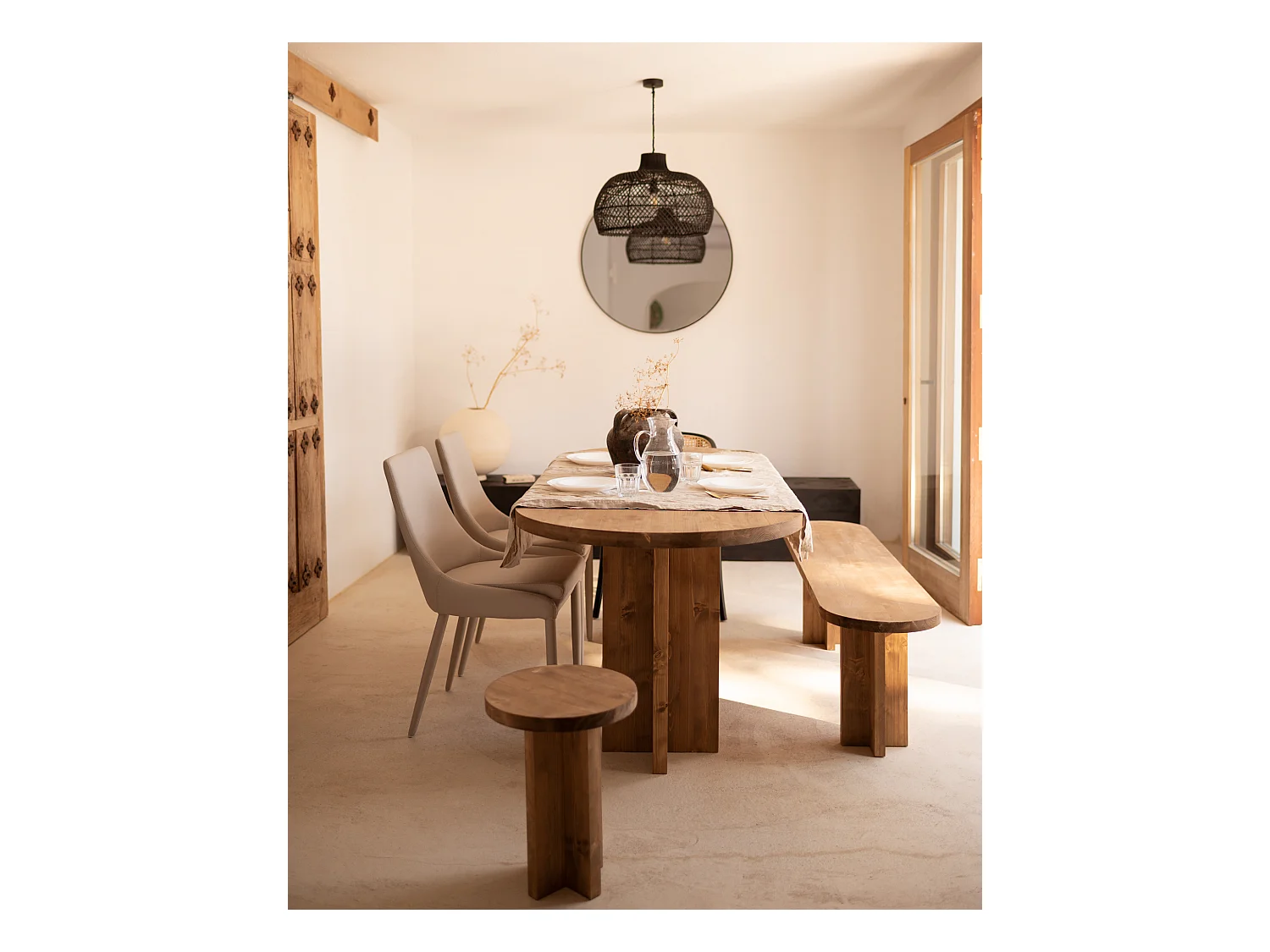 Ensemble table à manger ovale - banc en bois de sapin vieilli 180x75cm - TOKYO - DECOWOOD