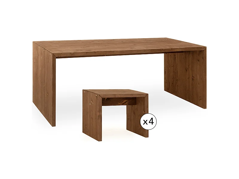 Set tavolo da pranzo 120cm e 4 sgabelli in legno masello in tono noce - TELVA - DECOWOOD