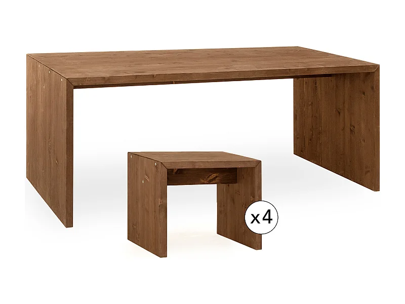 Set tavolo da pranzo 120cm e 4 sgabelli in legno masello in tono noce - TELVA - DECOWOOD