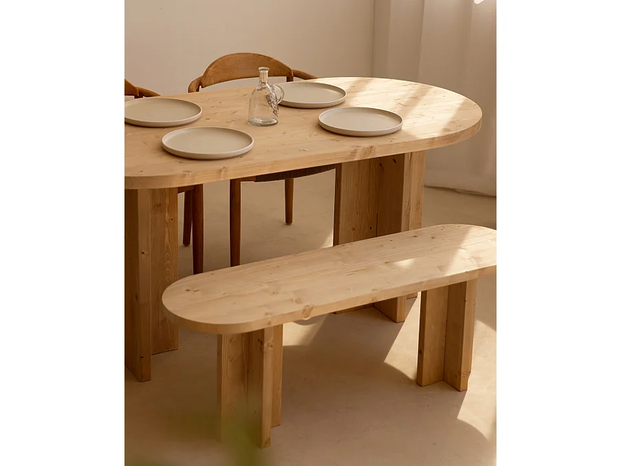 Pack de mesa de comedor de 160x78cm y banco de 120x45cm de madera maciza de abeto Decowood en tono roble medio - TOKYO - DECOWOOD