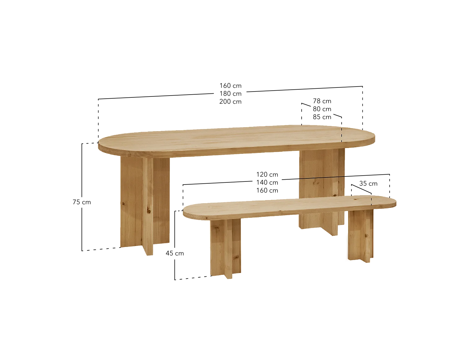 Ensemble table à manger ovale et banc bois de sapin marron 160x75cm - TOKYO - DECOWOOD